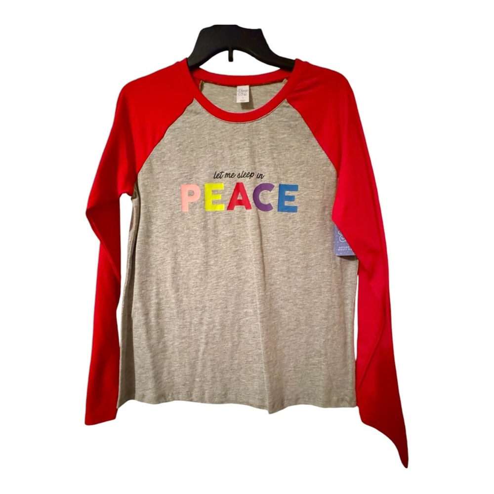 “PEACE” Raglan Pajama Top – Red & Gray, Cozy Lounge Tee | Sleep Chic